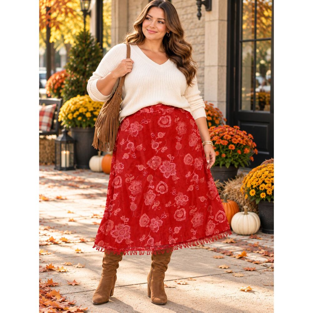 Liz & Me Red Floral Paisley Fringe Hem Skirt Size 18 USA Made A-line